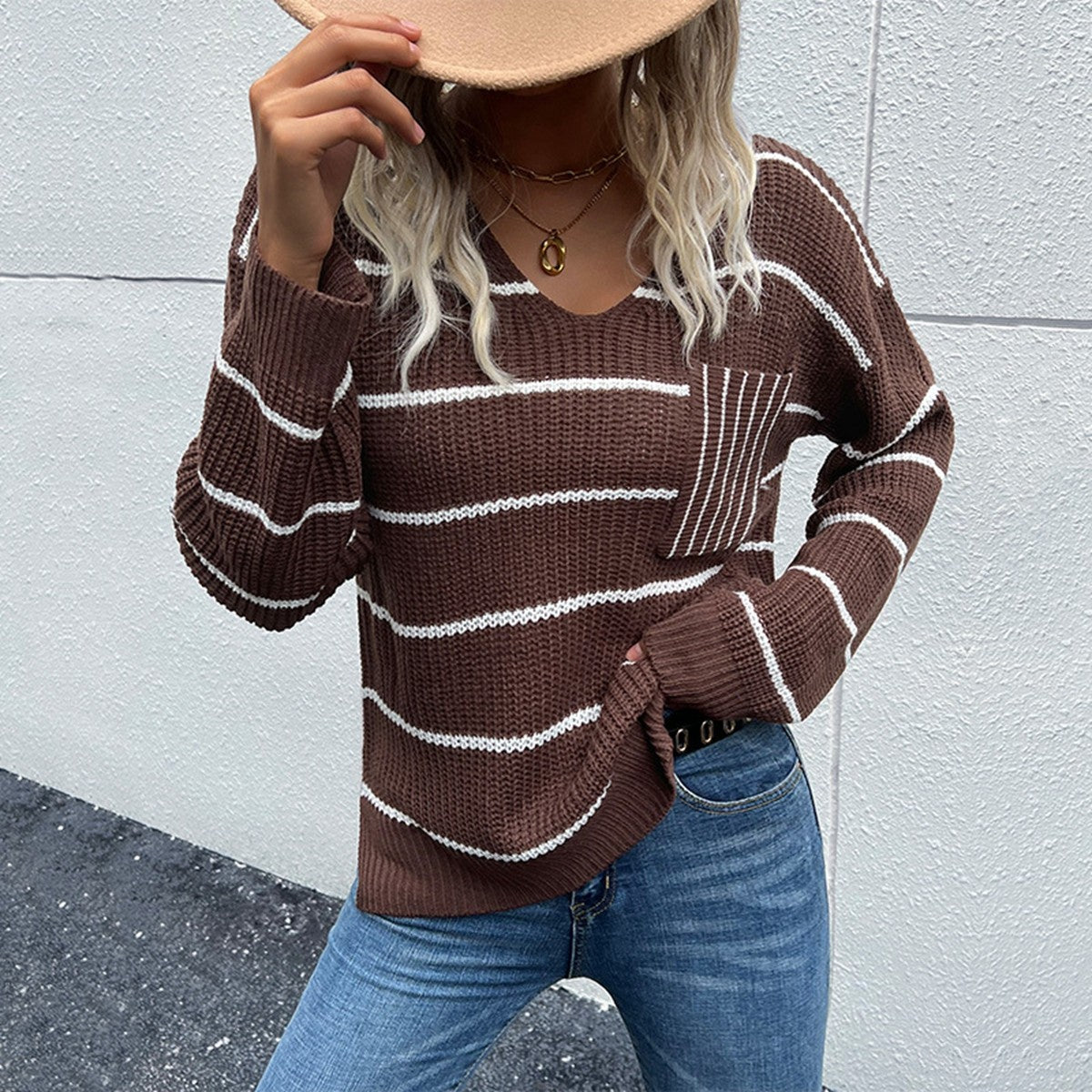 Striped V-Neck Slit Dropped Shoulder Sweater