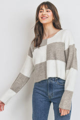 Round Neck Color Block Long Sleeve Sweater