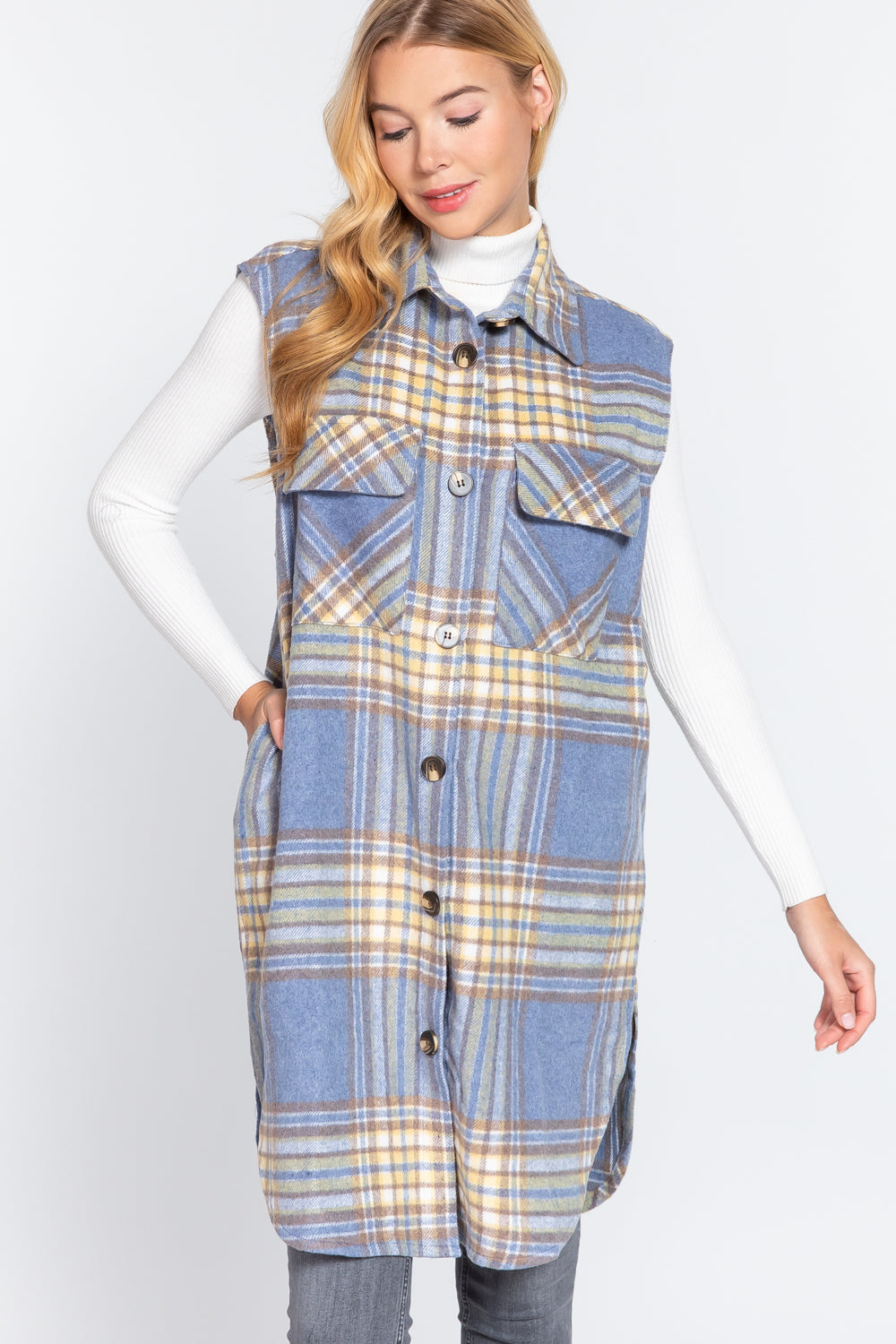 Notched Collar Brushed Plaid Vest