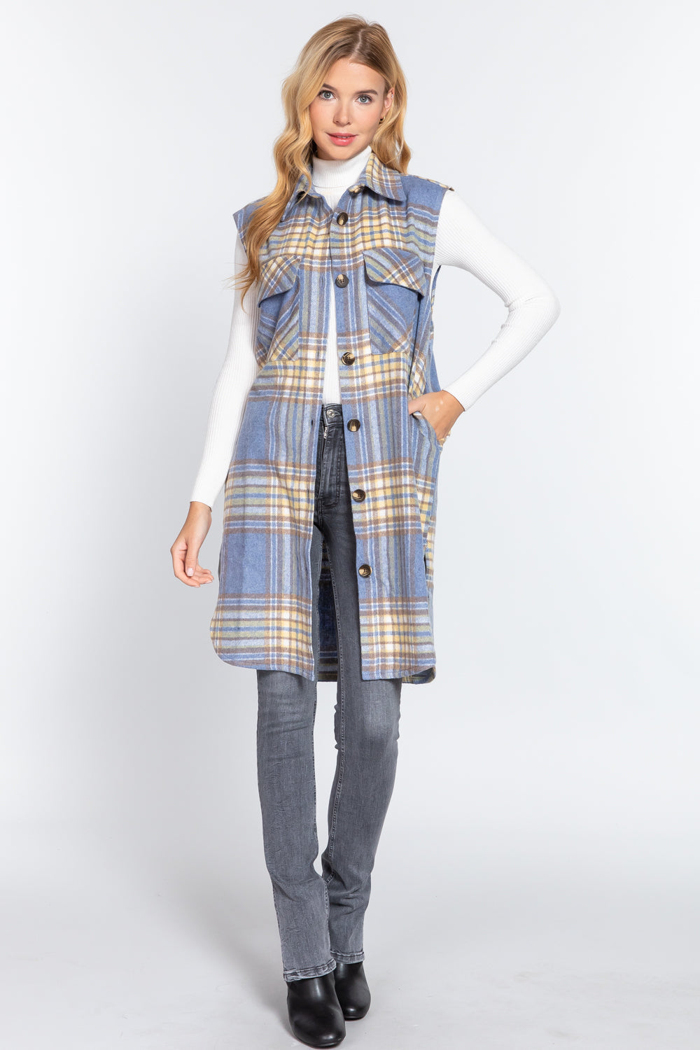 Notched Collar Brushed Plaid Vest