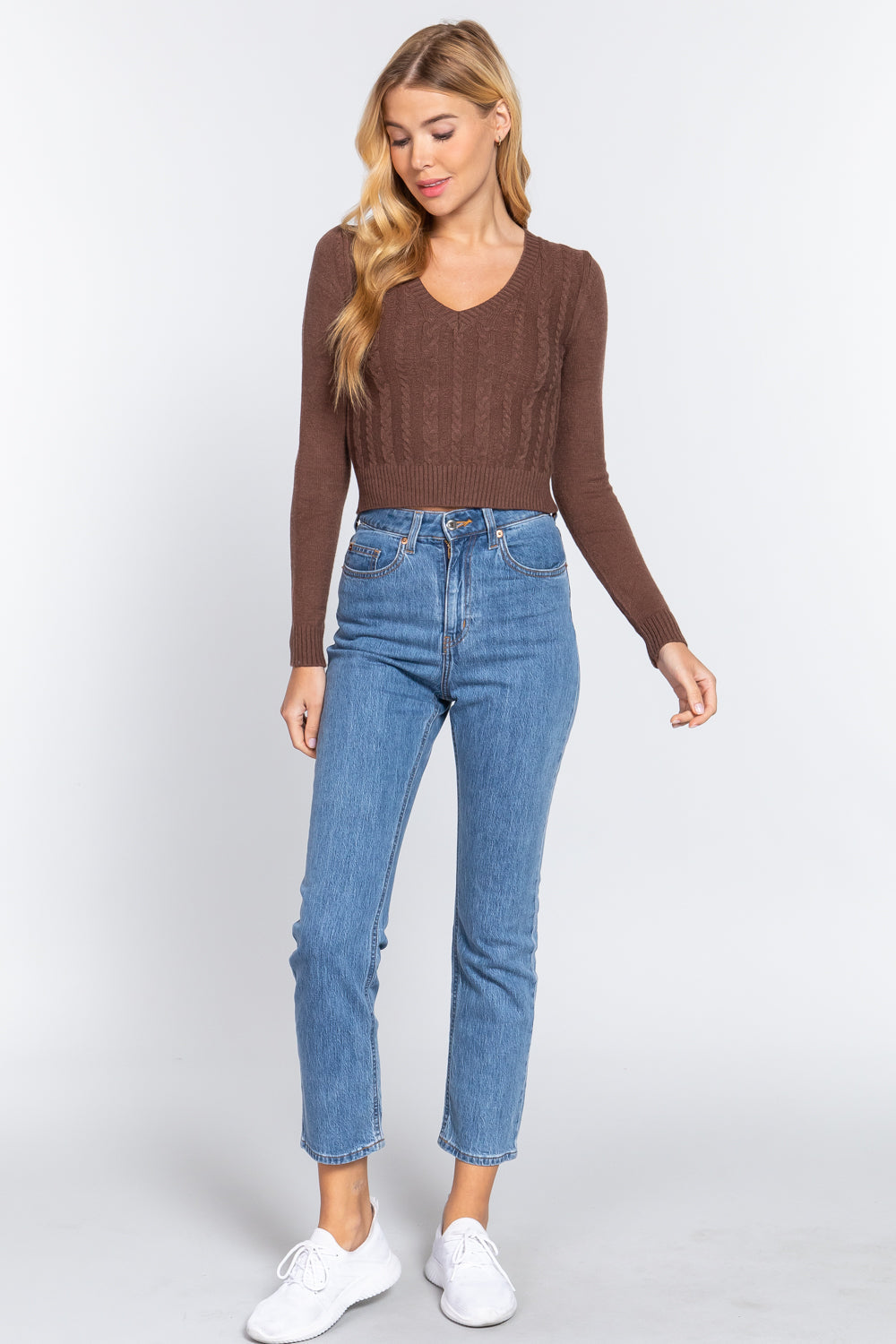 Long Sleeve V-neck Cable Sweater