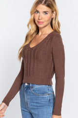 Long Sleeve V-neck Cable Sweater