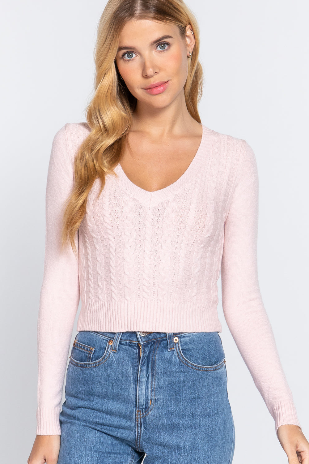 Long Sleeve V-neck Cable Sweater