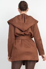 Suede Hooded Waist-tie Belt Jacket