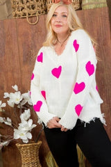 Neon Fuchsia Heart Print Distressed V Neck Long Sleeve Sweater