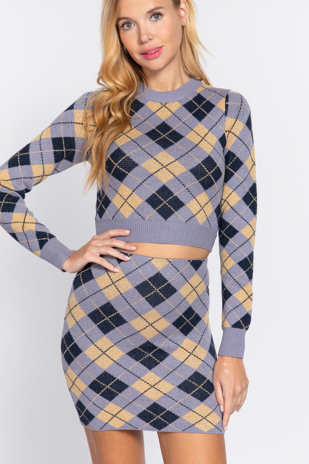 Argyle Jacquard Sweater Mini Skirt