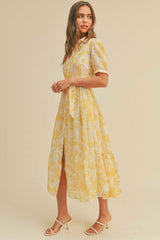 Button closure waist belt puff sleeve dress