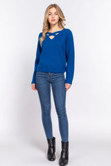 Long Slv X Strap V-neck Sweater