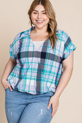 Plus Size Multi Colored Check Printed Casual Collared Short Sleeve Top