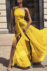 One Shoulder Tie Waist High Slit Maxi Dress