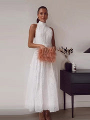 White Hollow Out Pattern Halter Belt Maxi Dress