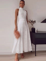 White Hollow Out Pattern Halter Belt Maxi Dress