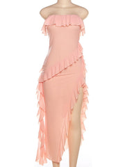Ruffle Strapless Split Ankle Length Dress
