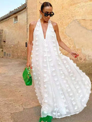 White Flower Embroidery Layered Halter Maxi Dress