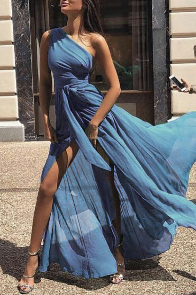 One Shoulder Tie Waist High Slit Maxi Dress