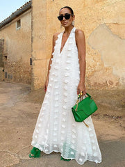 White Flower Embroidery Layered Halter Maxi Dress