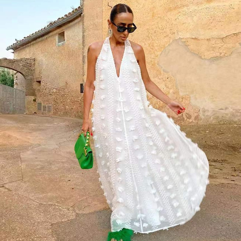 White Flower Embroidery Layered Halter Maxi Dress