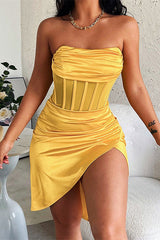 Satin Mesh Split Slim-Fitting Patchwork Asymmetrical Dress