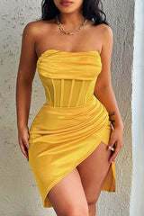 Satin Mesh Split Slim-Fitting Patchwork Asymmetrical Dress