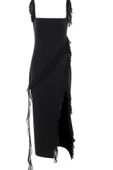 Mesh Frill High Split Backless Long Dress