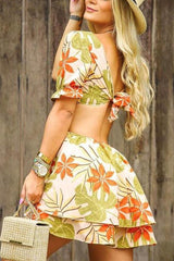 Tropical Print V-neck Cutout Mini Dress