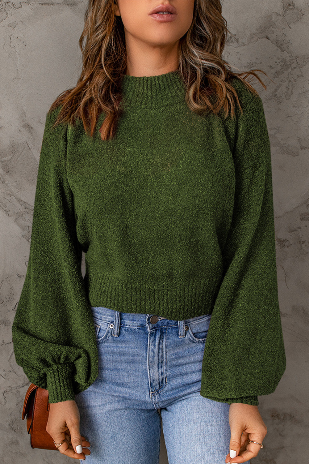 Ribbed Trim Balloon Sleeve Sweater