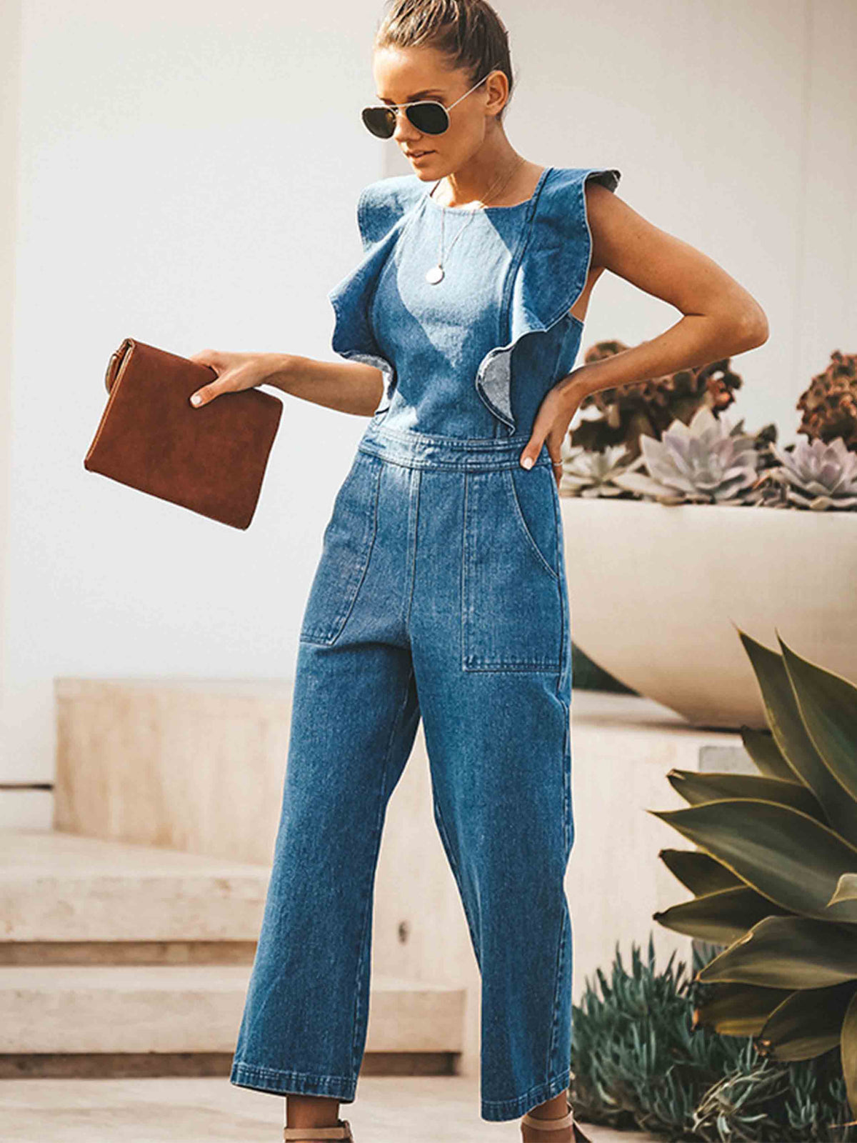 Vorioal O Neck Flouncing Denim Jumpsuit