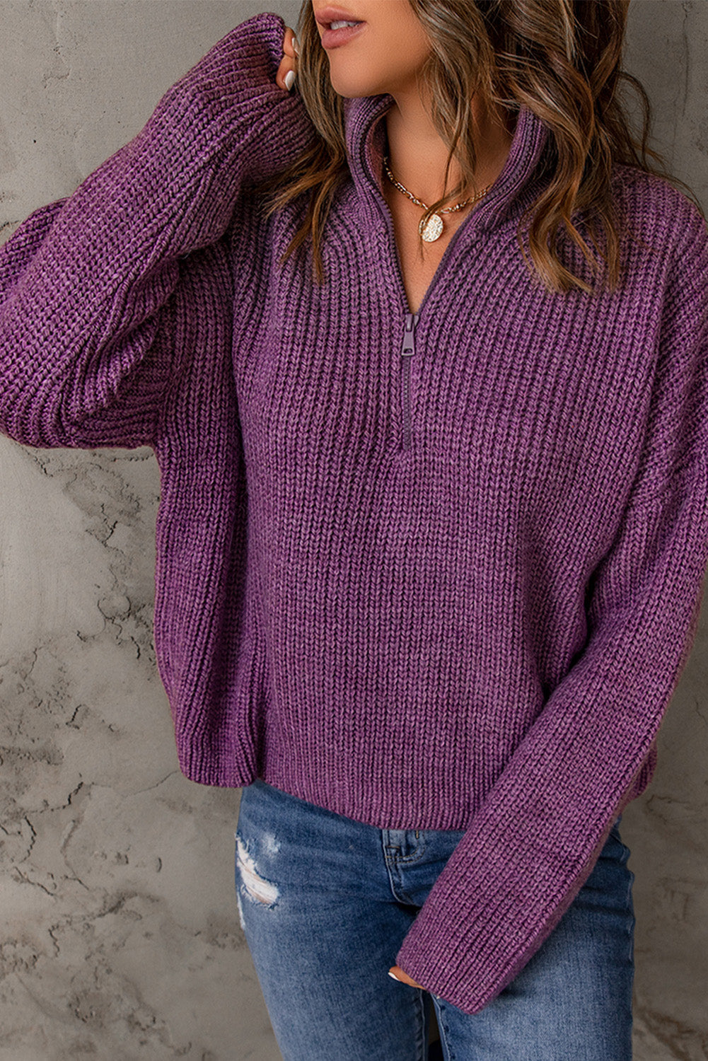 Half Zip Rib-Knit Dropped Shoulder Sweater