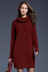 Full Size Mixed Knit Cowl Neck Dropped Shoulder Sweater Dress