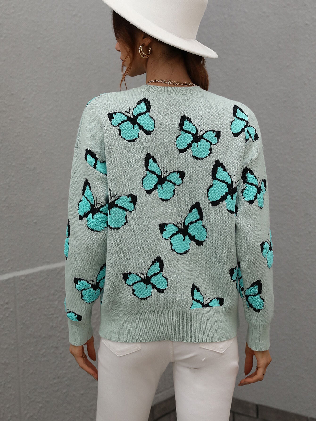 Butterfly Dropped Shoulder Crewneck Sweater