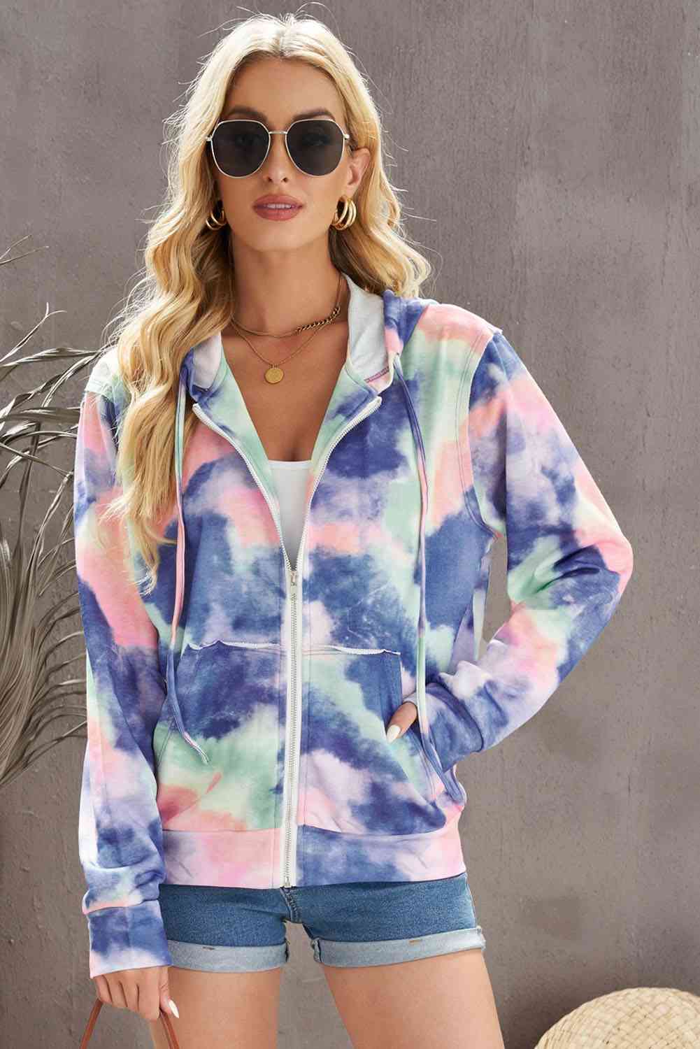 Tie-Dye Drawstring Detail Zip Up Hooded Jacket