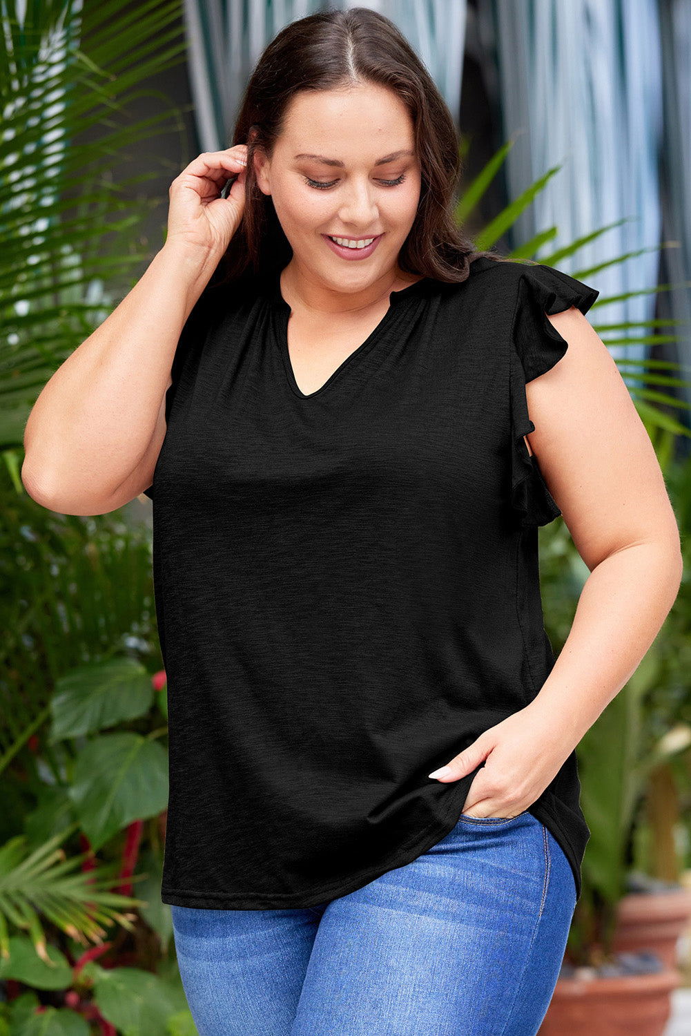 Plus Size Flutter Sleeve Notched Blouse