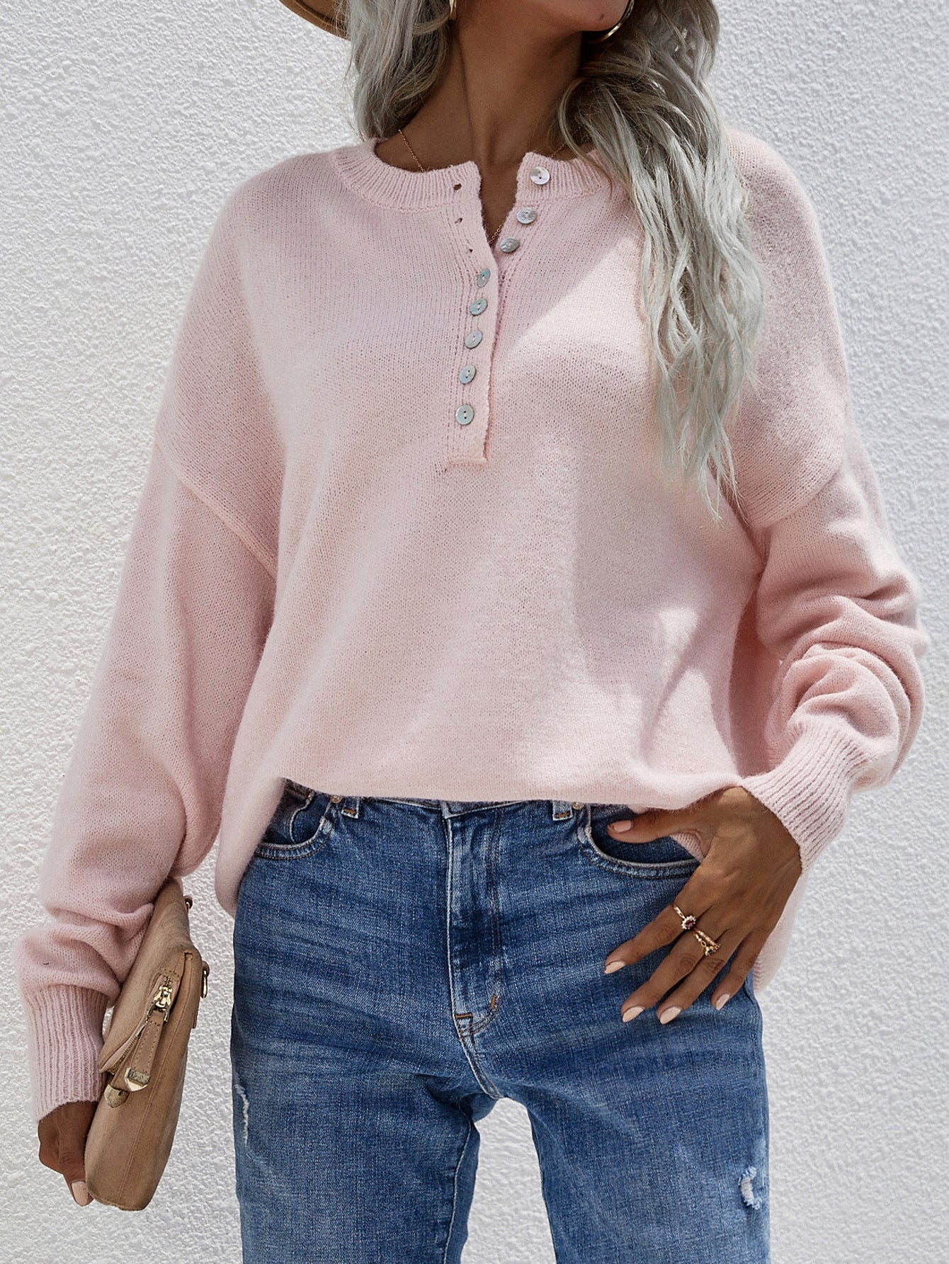 Half Button Long Sleeve Henley Sweater