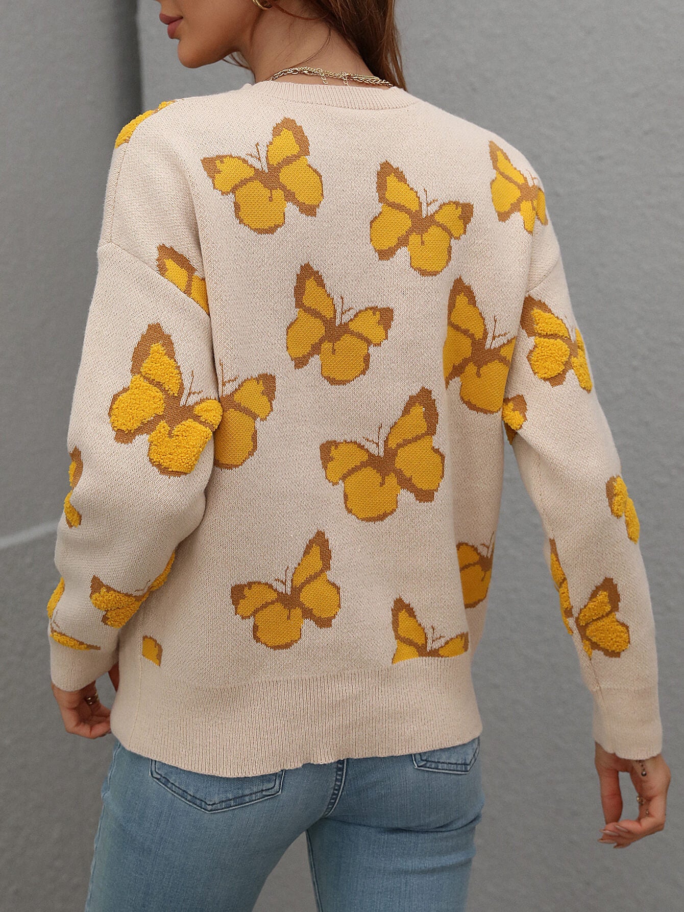 Butterfly Dropped Shoulder Crewneck Sweater