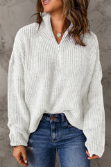 Half Zip Rib-Knit Dropped Shoulder Sweater