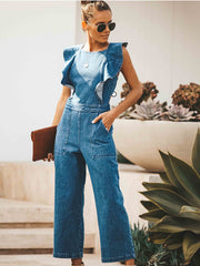 Vorioal O Neck Flouncing Denim Jumpsuit