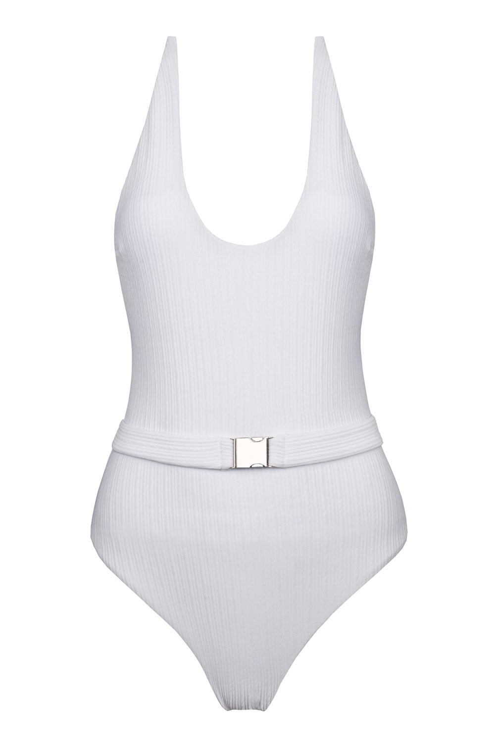 White V-neck Belted One Piece Swimsuit