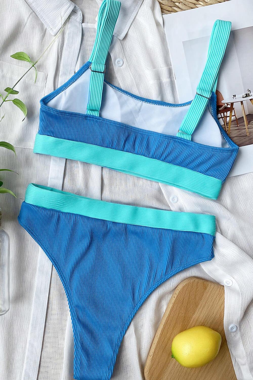 Blue Blocked Rib High Waisted Bikini Bottom