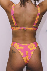 Bikinihose mit hohem Bund und Blumenmuster in Rosa und Orange