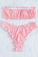 Pink Eyelet Embroidered Ruched Bandeau Bikini Top