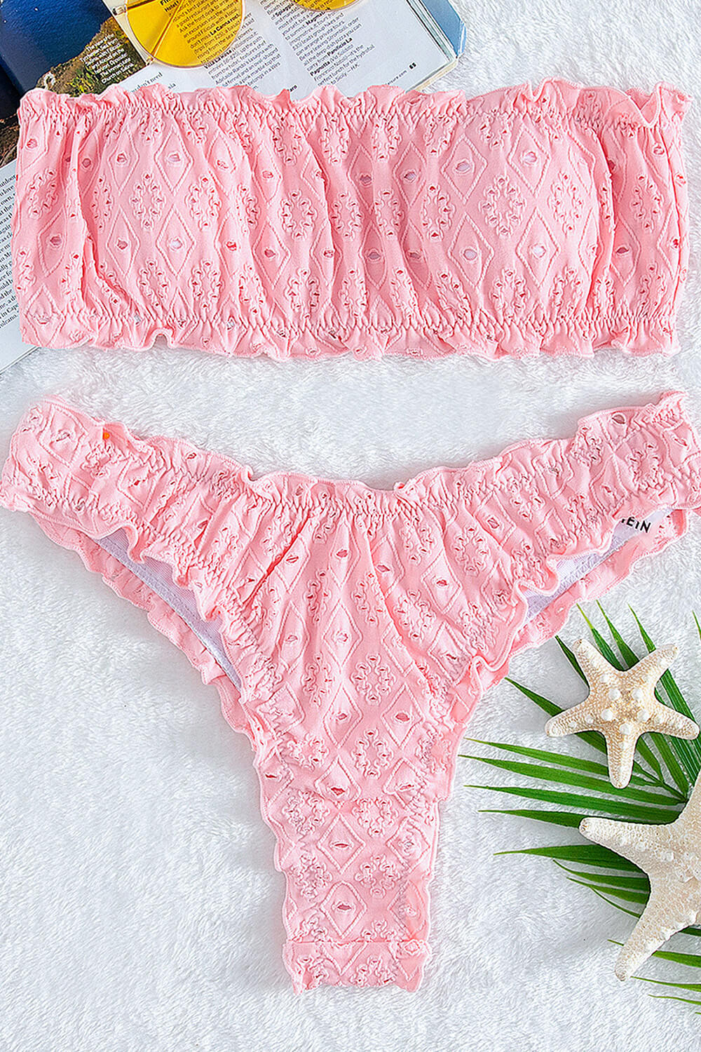 Pink Eyelet Embroidered Ruched High-Waist Bikini Bottoms