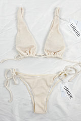 Beige Crinkle Tie Side Bikini Bottoms