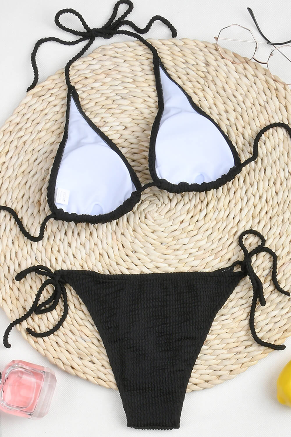 Black Crinkle Tie Side Bikini Bottoms