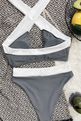 Grey Crossing Color Blocked Bikini Top
