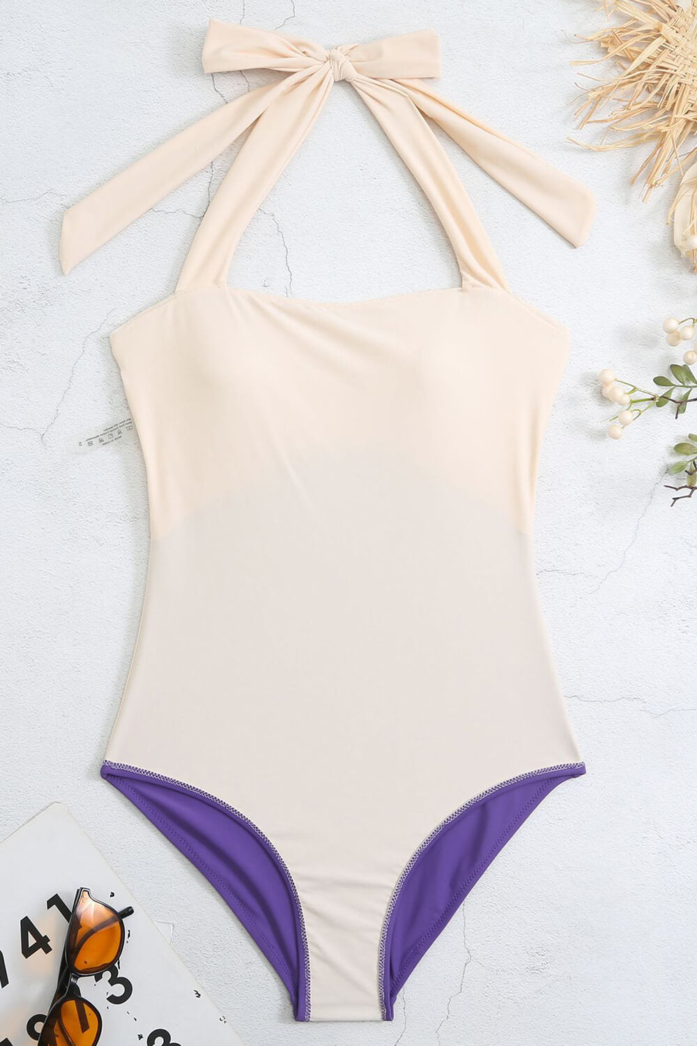 Lace Color Block Halter Neck Bikinie Set