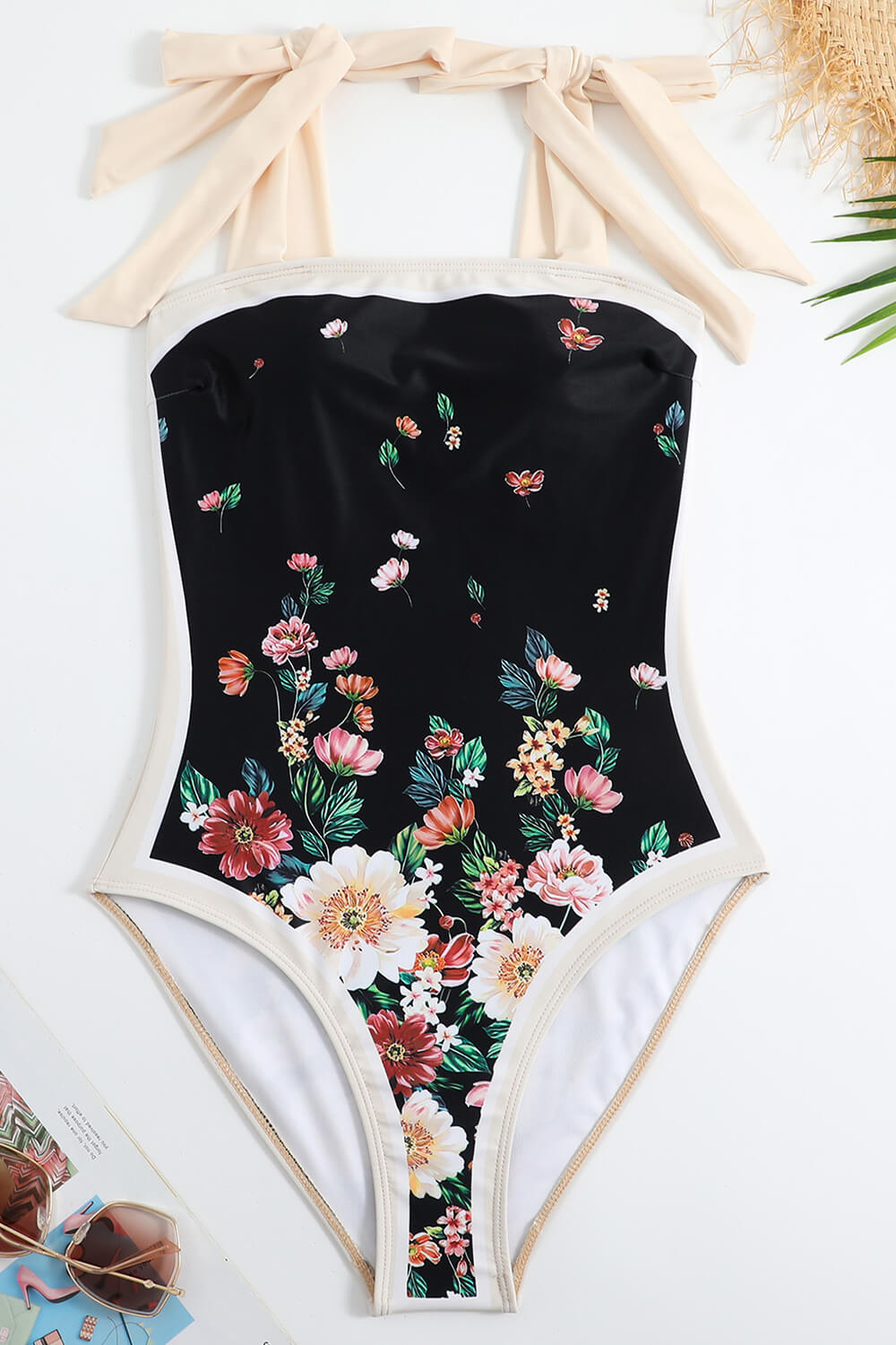 Floral & Banana Print Plunge Reversible Tie-Shoulder One Piece Swimsuit main image 1