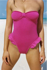 Crinkle Knot Front Ruffled Strapless One Piece Swimsuit - Baby Pink/Hot Pink/Lilac/Lime/Orange