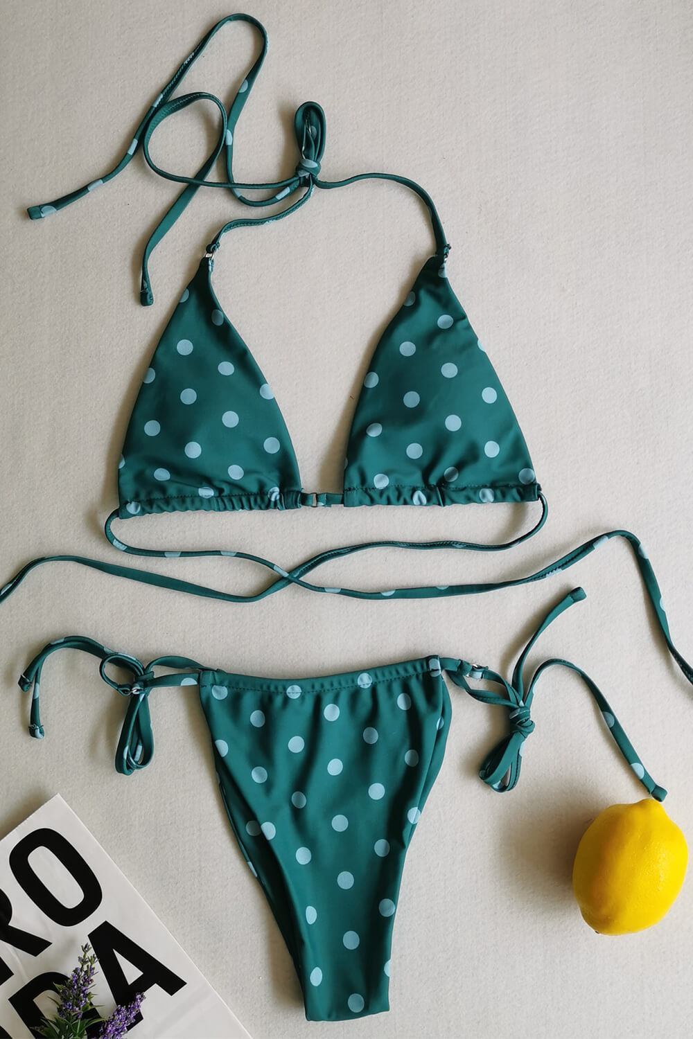 Polka Dots Print Halter Triangle Tie Side Bikini Set With Ring Detailing
