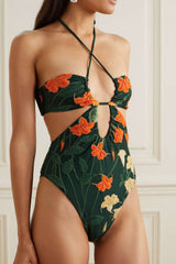 Floral Printed Cutouts Halter One Piece Swimsuit - Red