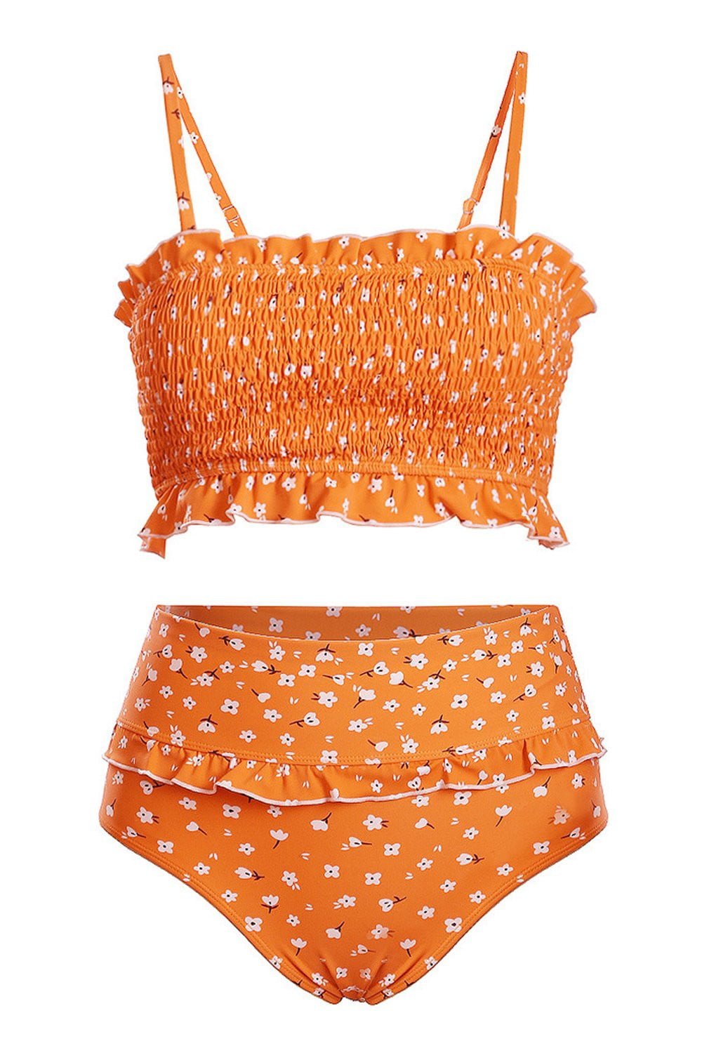 Orange Floral Ruffle Trim High Waist Bikini Bottom